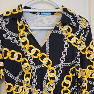 J. McLaughlin Black and Yellow Chain Pattern Dress...like New..stretchy..